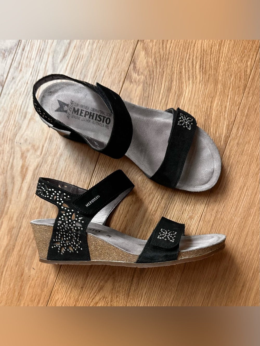 Mephisto Women's Maria Spark Wedge Sandal - Black W/Rhinestones 38 EU, 8 US EUC